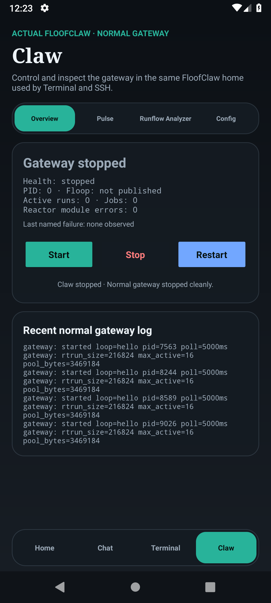 Wishware Claw control screen with gateway health, start, stop, restart, logs, Pulse, Runflow Analyzer, and Config.