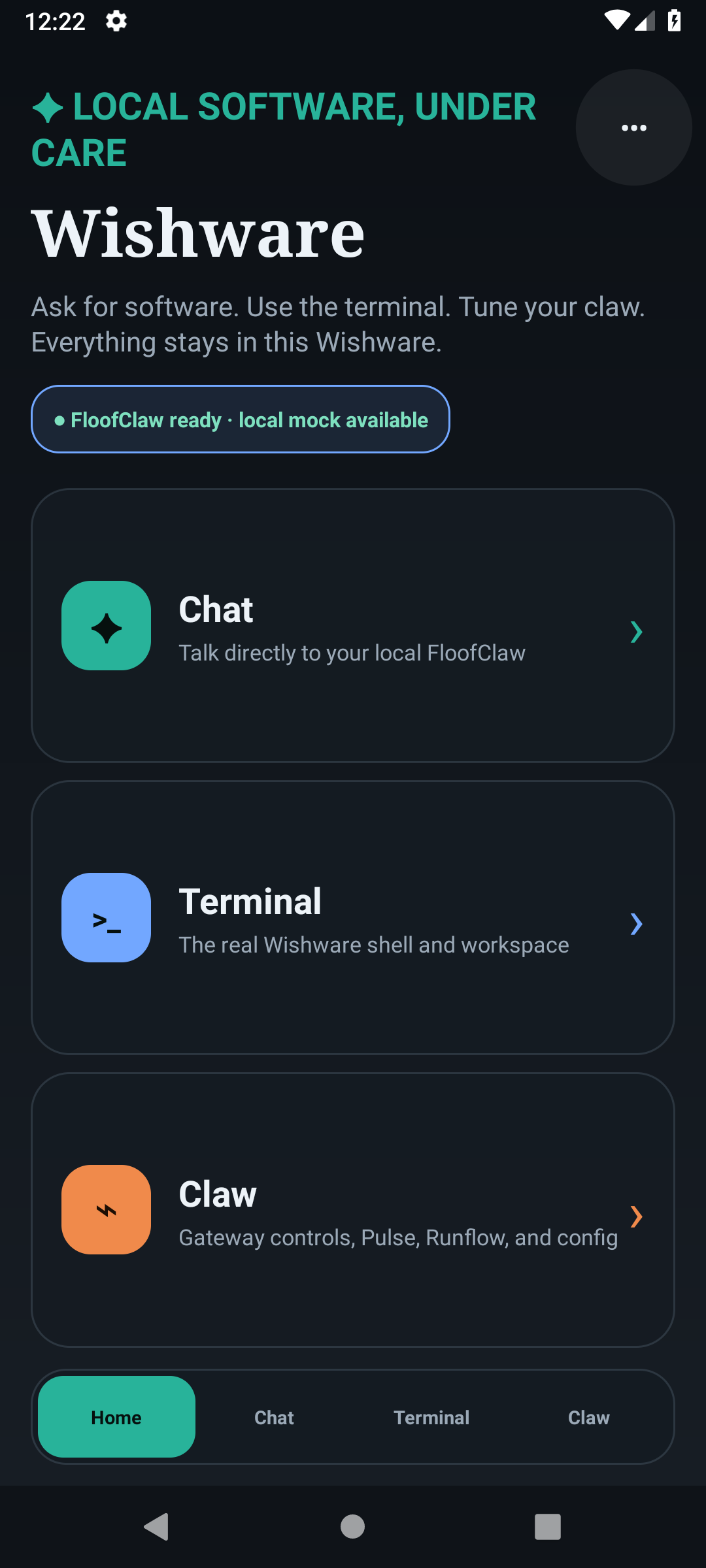 Wishware home screen on Android with Chat, Terminal, and Claw controls.